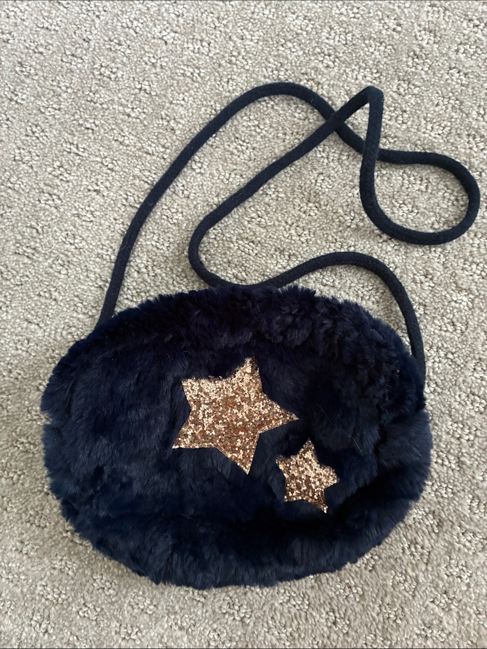 J. Crew Navy Faux Fur Crossbody with Gold Glitter Stars